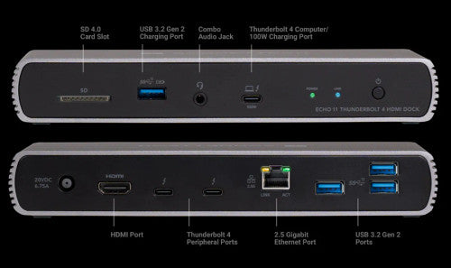 Sonnet Echo 11 Thunderbolt 4 HDMI Dock with Three Thunderbolt 4 Ports, One HDMI Port, 2.5Gb Ethernet, and 8K Display Support Sonnet Echo 11 Thunderbolt 4 HDMI Dock with Three Thunderbolt 4 Ports, One HDMI Port, 2.5Gb Ethernet, and 8K Display Support
